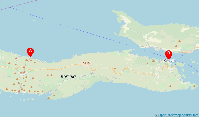 Map of ferry route between Prigradica and Korcula